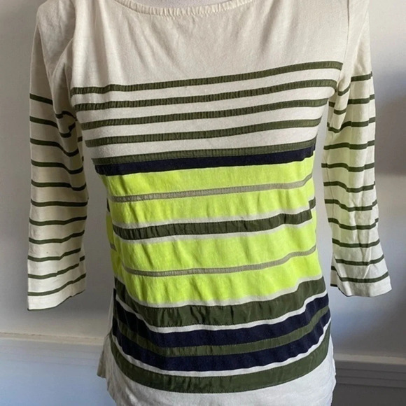 J Crew - Grey Cream Chartreuse/Green Striped Tee Shirt - Picture 2 of 6
